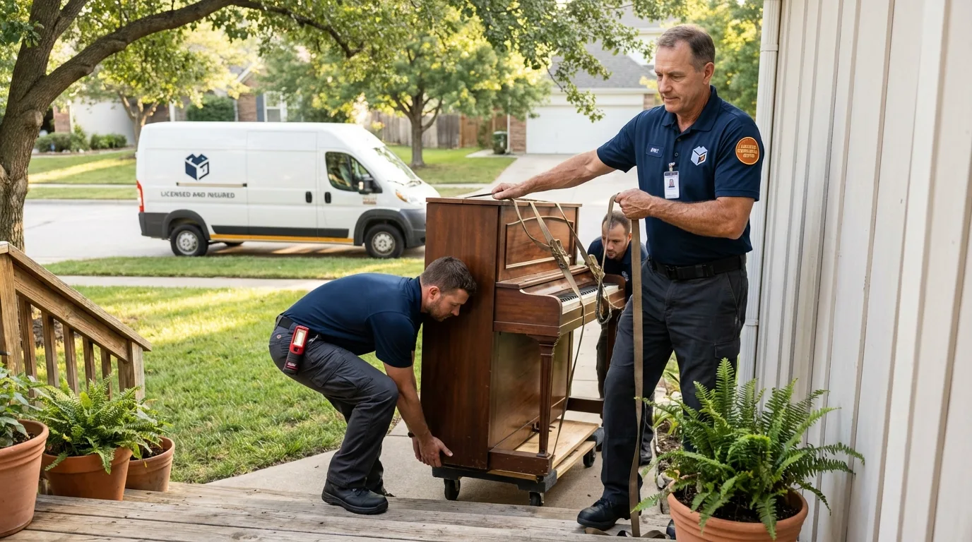 Licensed piano movers securing grand piano in Lakeland, MN