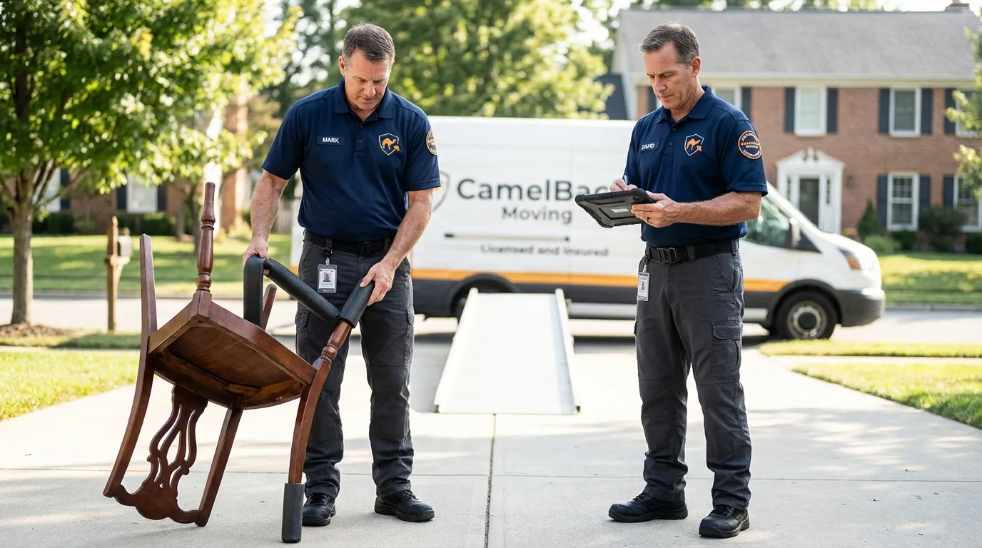 Movers inspecting furniture for damage prevention before loading in Lakeland, MN